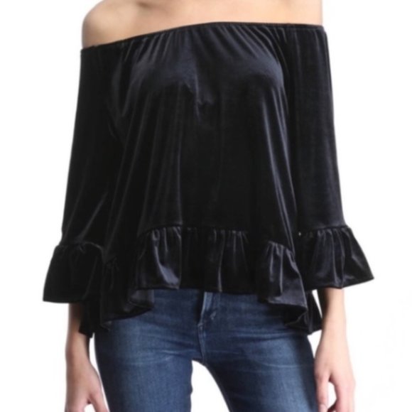 Sanctuary Tops - Sanctuary Black Black Velvet Off Shoulder Top